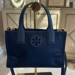 Tory Burch Navy Blue Mini Tote Bag with Crossbody Strap